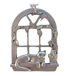 Pewter Cat on Window Sill Pendant Necklace Signed 1987 Seagull Canada